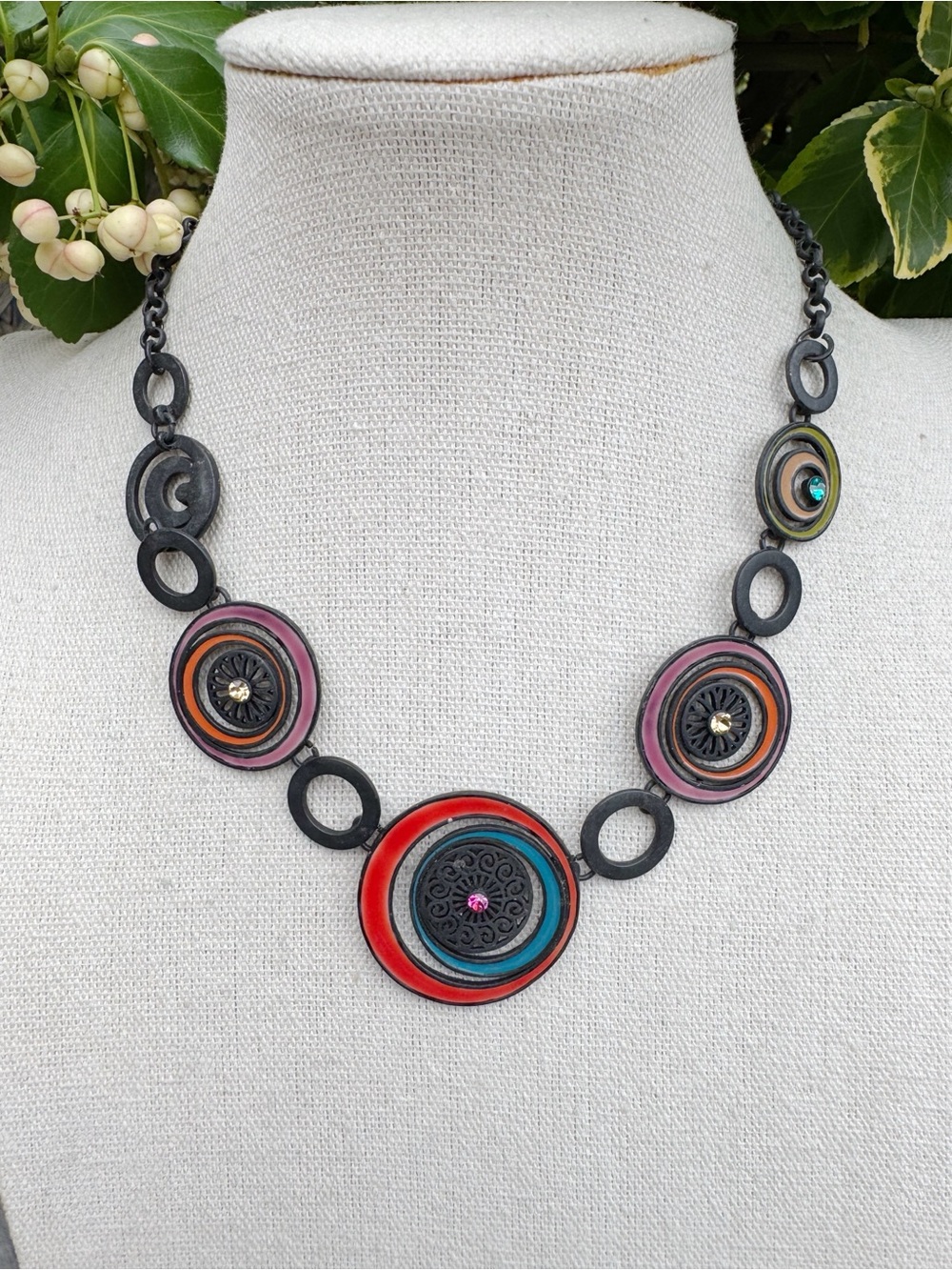 Modernist Circular Statement Metal Necklace - Enamel & Rhinestone